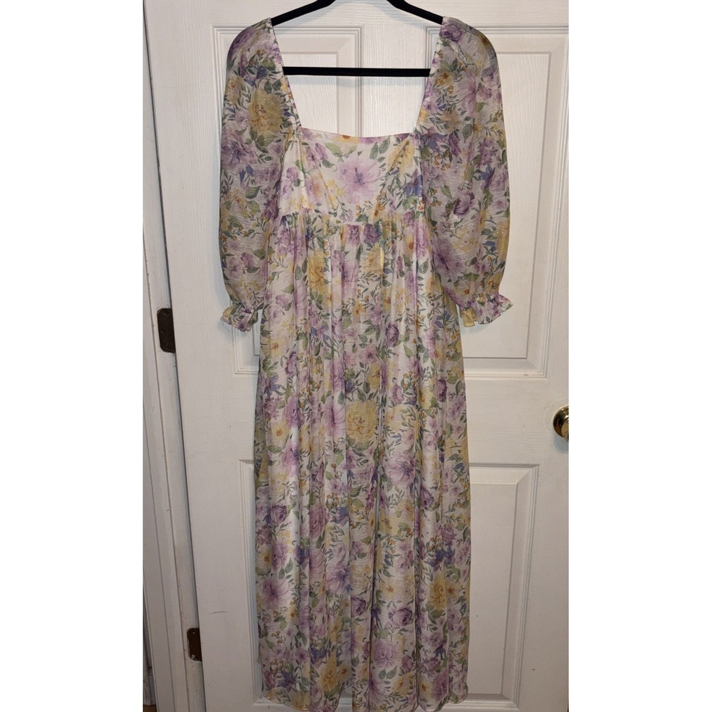 NWT Storia XS Pastel Floral Puff Sleeve Maxi Dress Milkmaid Square Neck Shimmer